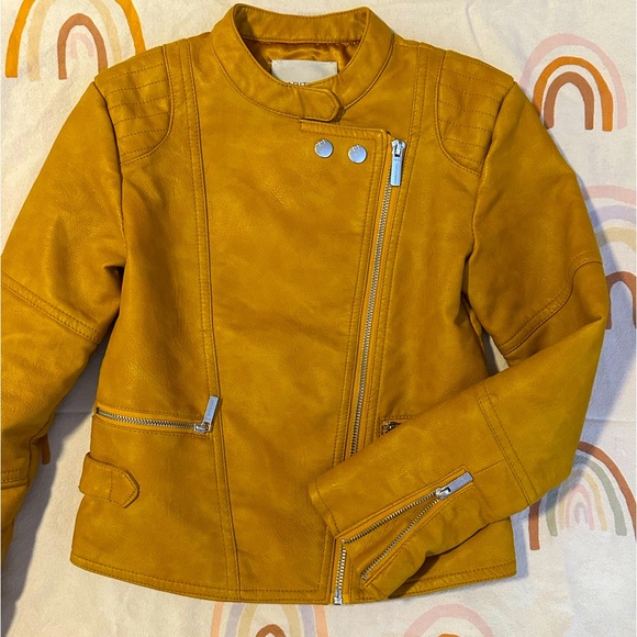 Girls habitual girl vegan leather biker jacket- mustard yellow 7/8 - Picture 2 of 4